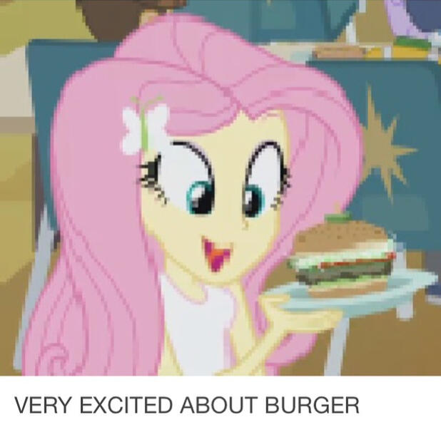 a screenshot from Equestria Girls of Fluttershy holding a plate with a big burger on it. The image is captioned "VERY EXCITED ABOUT BURGER".